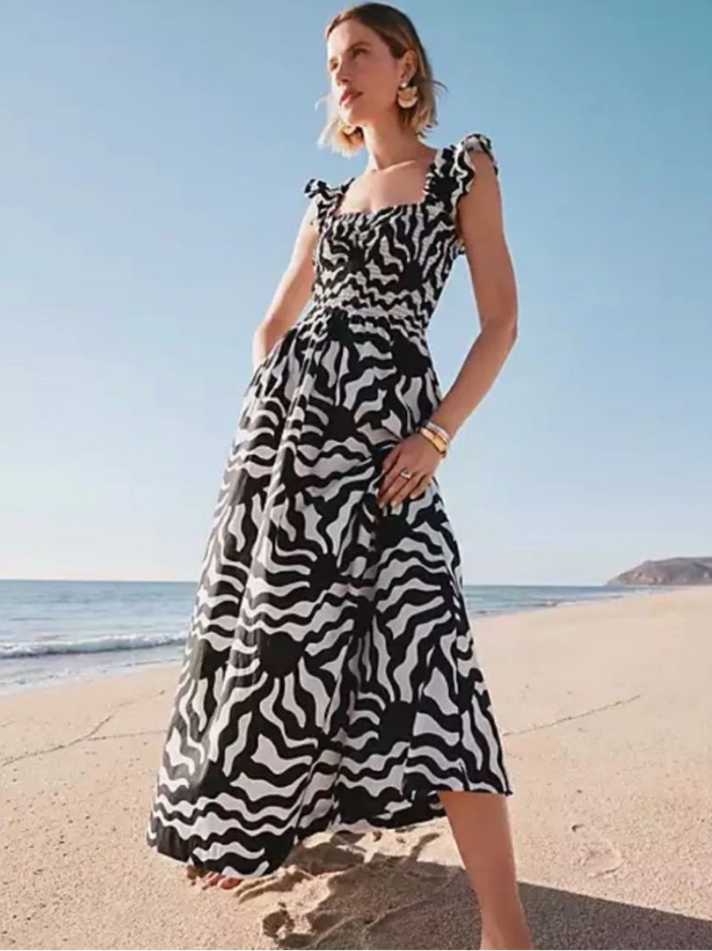 Loft Beach Smoked Maxi Dress - Zebra Print Sundress with Ruffle Strap